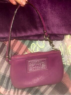 Coach Burgundy Purple leather wristlet clutch with textured finish mini purse